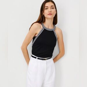 🏷️ NWT Ann Taylor Black and White Embroidered Halter - Sz Medium
